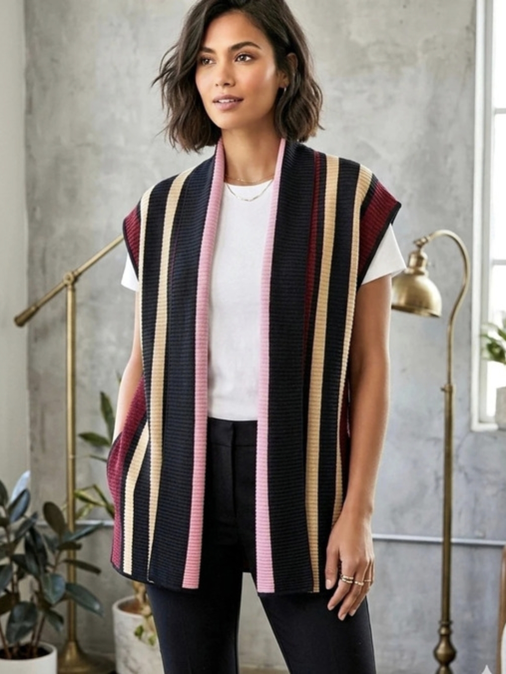 Misook Striped Knit Vest in Black & Red XL Like New